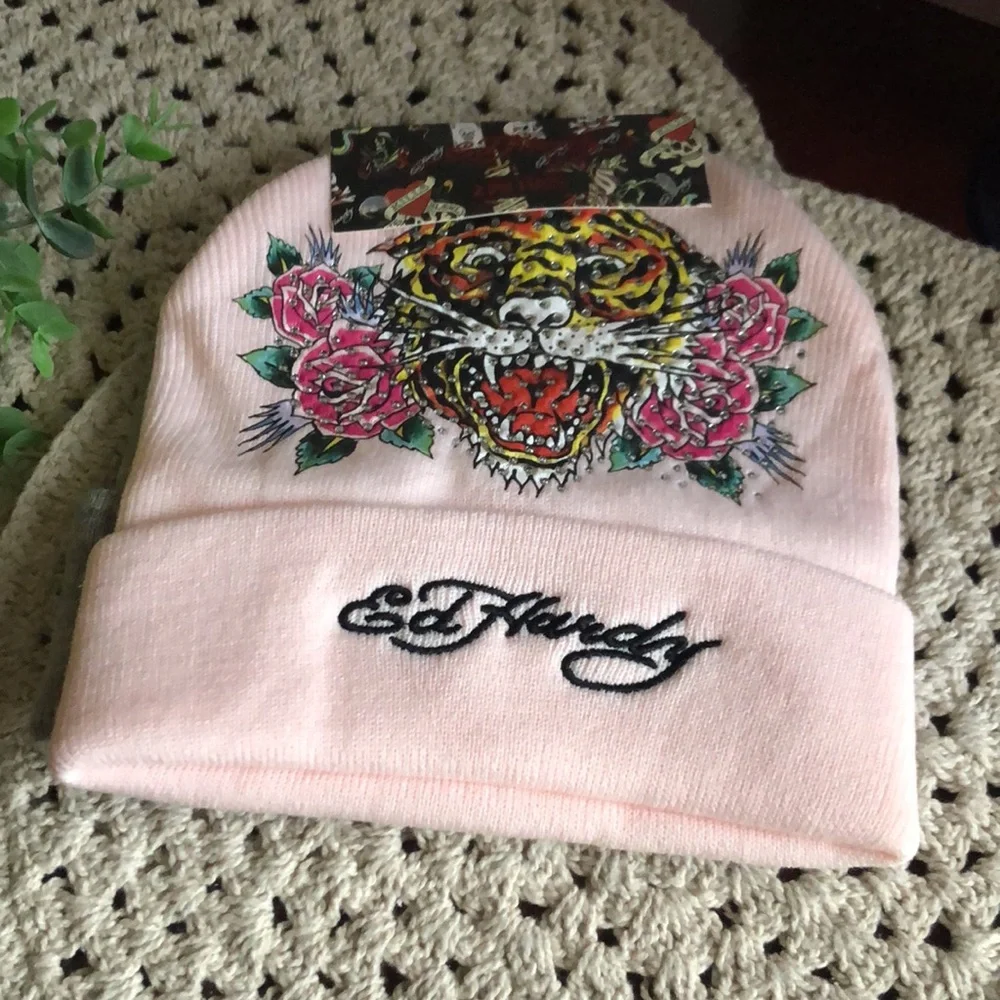 Ed Hardy Women’s Beanie Hats with Tiger and Floral Design